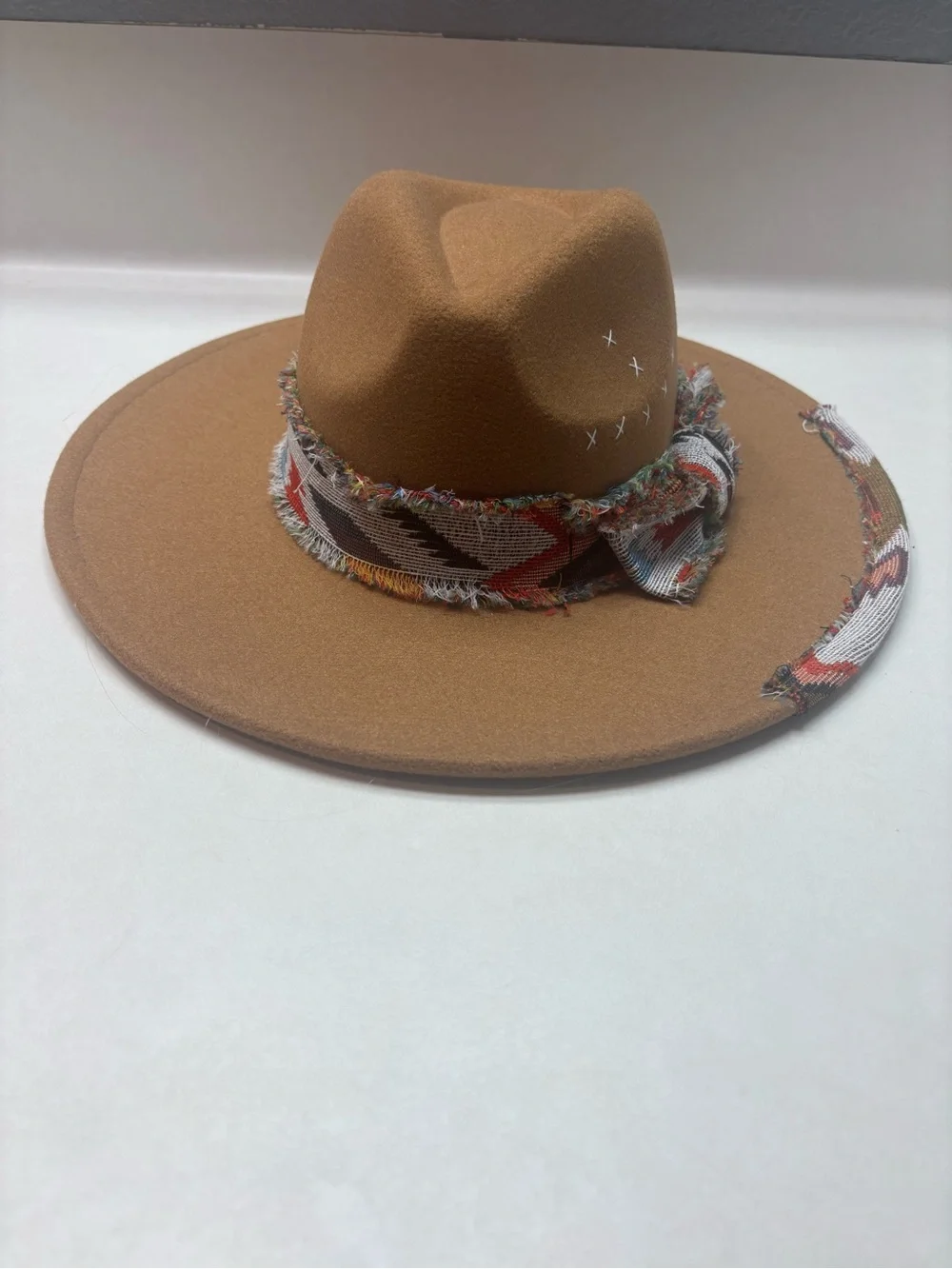 Women’s Tan Wide-Brim Felt Hat with Patterned Frayed Band
